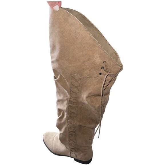 Womens Over The Knee Boots 8.5 Tan Suede Lace Back Flat Riding Slouchy Tall Boot - Picture 4 of 14